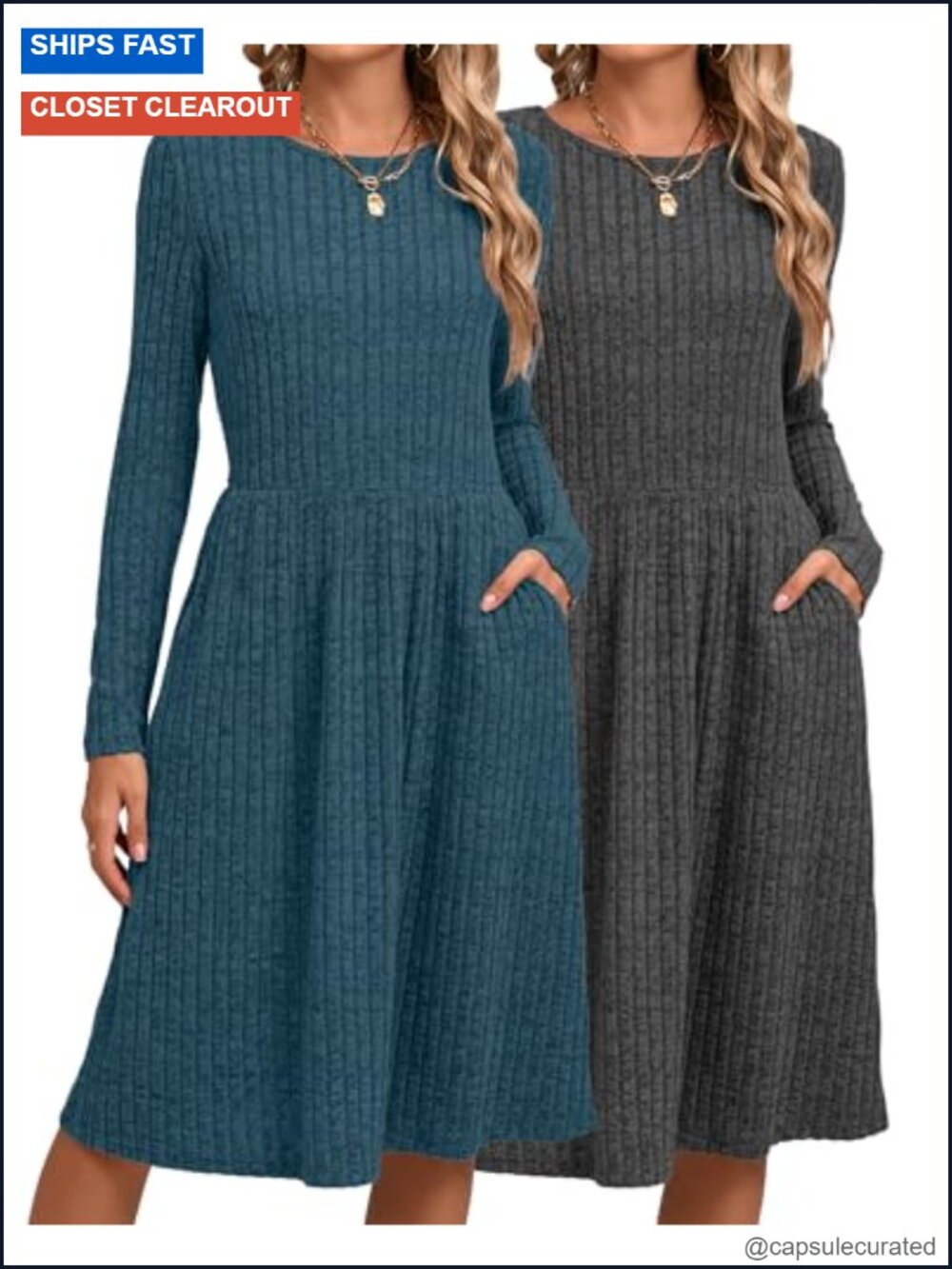 2 Pack Women's Long Sleeve Knit Sweater Dress with Pockets